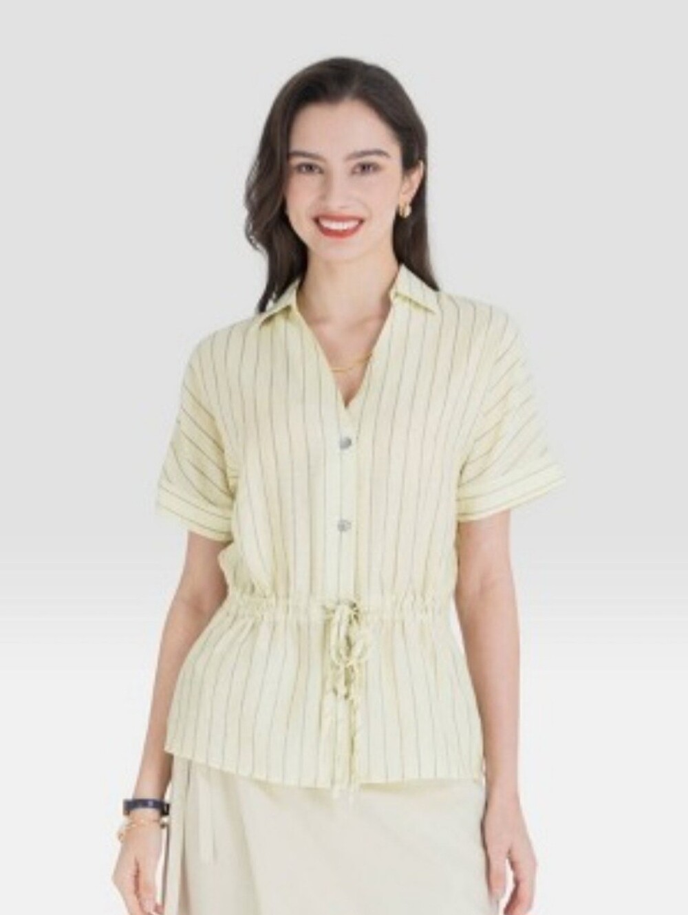 Women's Dolman Short Sleeve Drawstring Waist Shirt A New Day Light Yellow Stripe